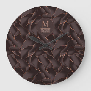 Relógio Grande Marrom Chocolate & Dourado Rosa Padrão de Onda Abs