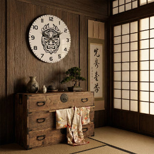 Relógio Grande Máscara Oni Japonesa Arte Linear Tribal Demônio