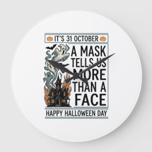 Relógio Grande Máscara Vintage de Halloween com Citação em Design