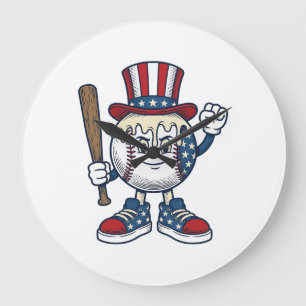 Relógio Grande Mascote Patriótico de Beisebol Desenho de Gravura 