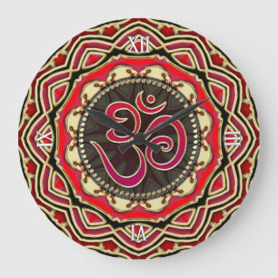Relógio Grande Meditação OM Yoga Red Dourada Mandala Wall Clock