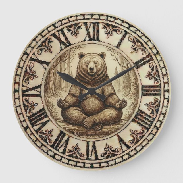 Relógio Grande Meditating Bear Wall Clock – Wood-Burned style  (Frente)