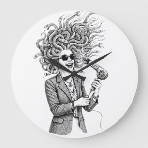 Relógio Grande Medusa Moderna Usando Secador de Cabelo Ilustração