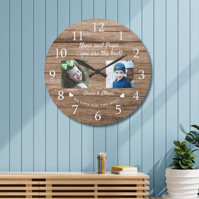 Relógio Grande Melhor Netos Nana E Papa 2 Fotocolagem Madeira (Best Nana And Papa Grandkids 2 Photo Collage Wood Large Clock)