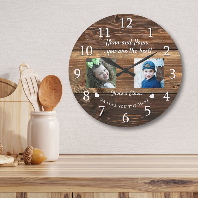 Relógio Grande Melhor Netos Nana E Papa 2 Fotocolagem Madeira (Best Nana And Papa Grandkids 2 Photo Collage Wood Large Clock
)