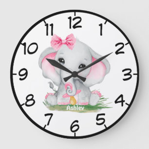 Relógio Grande Meninas de elefante-rosa-branca-Pacífico