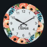 Relógio Grande Meninas Flores De Flor De Cores De Água Cóteas Nom<br><div class="desc">Este design de relógio floral giro e moderno apresenta flores coloridas giras e coloridas,  e tem espaço para você escrever o nome de suas meninas em uma fonte escrita à mão. Uma adição botânica perfeita para o quarto do seu bebê ou para o berçário de meninas.</div>