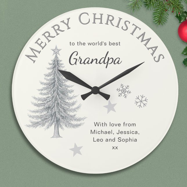 Relógio Grande Merry Christmas Grandpa Cream Keepsake (A Christmas clock for the 'world's best Grandpa', with tree, snowflakes, stars and your own message)
