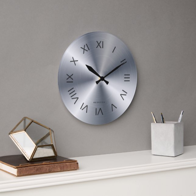 Relógio Grande Metallic Silver Gray Texture Custom Monogram (Escritório)