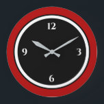 Relógio Grande Mínimo Preto Vermelho e Branco<br><div class="desc">O relógio moderno apresenta um design minimalista em uma paleta de cores vermelha, preta e branca. Um simples design simples com números brancos sobre fundo preto com borda vermelha. Uma adição na moda moderna à sua cozinha, sala de estar ou muro de escritório, um presente moderno e pensado de escritório...</div>