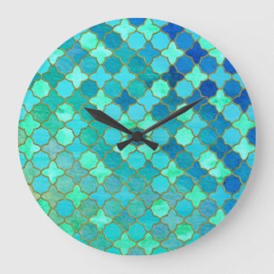 Relógio Grande Mint Aqua Teal Dourado Padrão do Azulejo Oriental