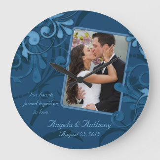 Relógio Grande Modelo de Foto Personalizada Floral Azul