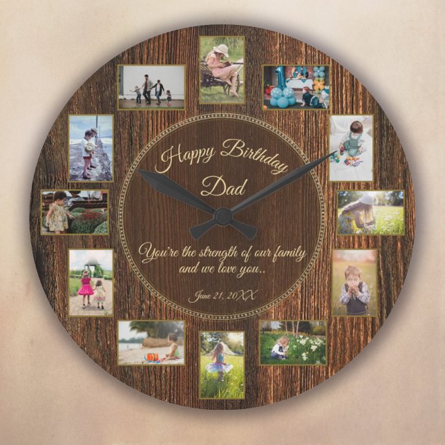 Relógio Grande Modelo de Fotografia de Madeira Rústica do Pai de  (Happy Birthday Dad Rustic Wood Photo Template Large Clock)