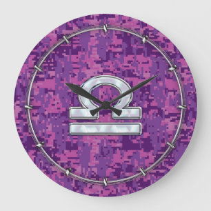 Relógio Grande Modern Libra Zodiac Symbol on Fuchsia Digital Camo