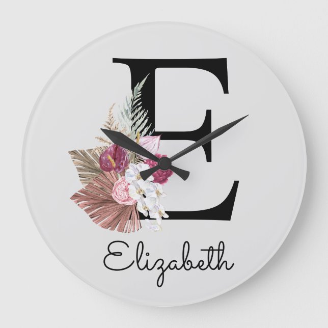 Relógio Grande Modern Pink Boho Girly Floral Inicial E (Frente)