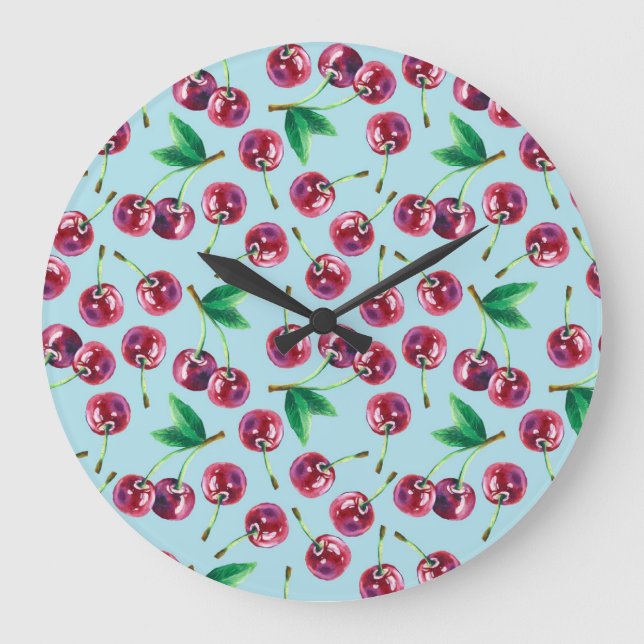 Relógio Grande Modern Watercolor Cherries: Juicy Berry Patterno (Frente)