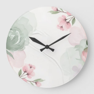 Relógio Grande Moldura Floral Rosa e Verde em Aquarela Suave
