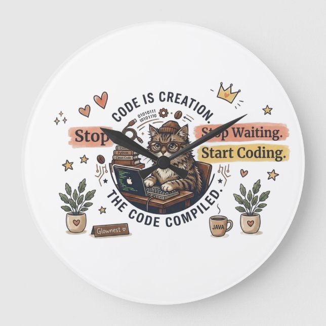 Relógio Grande Moletom de Gato Programador Engraçado | Comer Dorm (Frente)