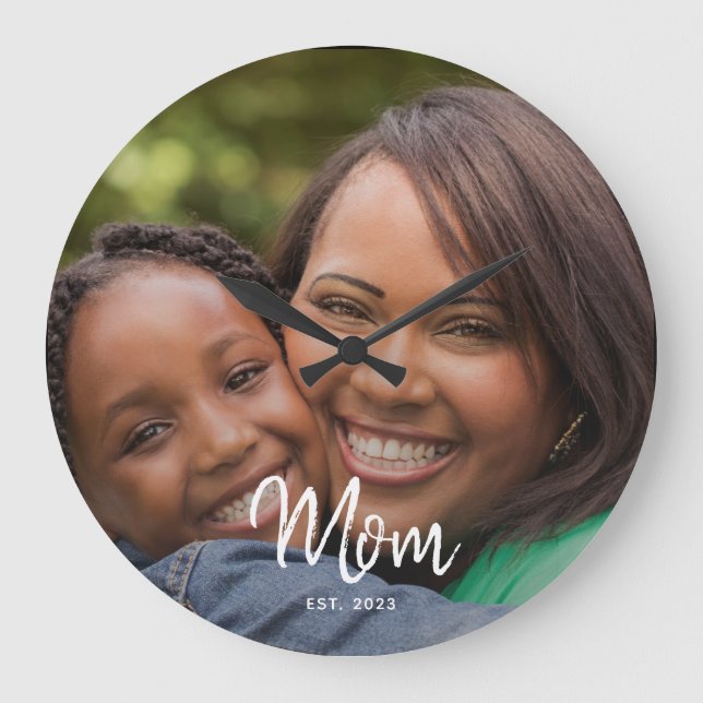 Relógio Grande Mom Established Black White Script Photo (Frente)