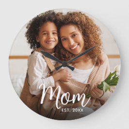 Relógio Grande Mom Established Date White Script Custom Photo