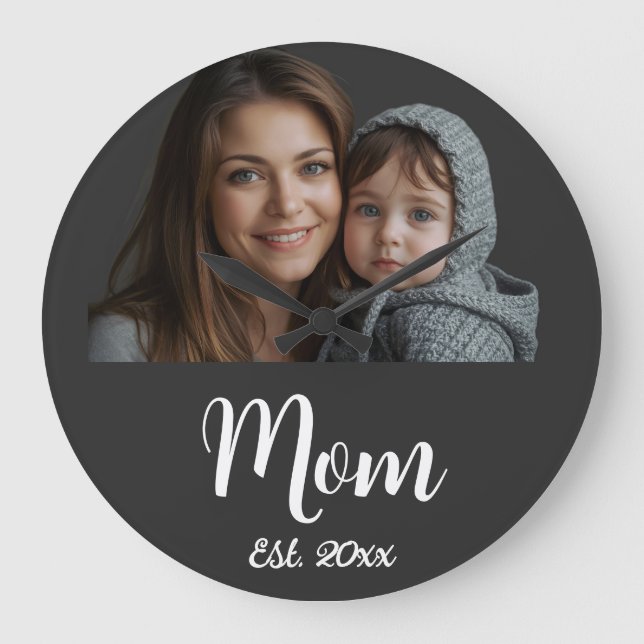 Relógio Grande Mom Established Year Black Modern Script  (Frente)