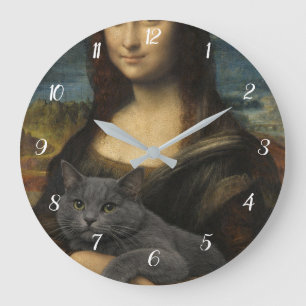 Relógio Grande Mona Lisa segurando um elegante gato cinza