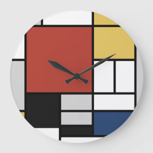 Relógio Grande Mondrian Painting Red Plane Yellow Black Cinza Blu