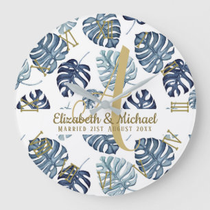 Relógio Grande Monograma Azul Azure Folhas Tropicais Ouro Recém-C