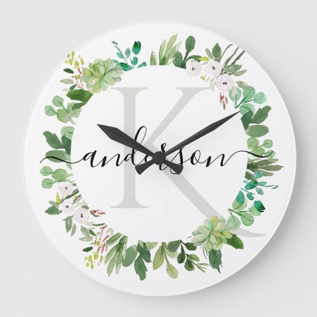 RELÓGIO GRANDE MONOGRAMA DE COR DA FOLIAGEM DE WREATH SUCCULENTA  (Frente)