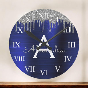 Relógio Grande Monograma de metal com Marinho de prata azul esfre