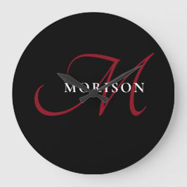 Relógio Grande Monograma de Script Vermelho Preto Moderno Elegant