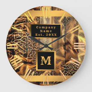 Relógio Grande Monograma Dourado de Madeira de luxo único