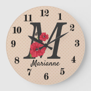 Relógio Grande Monograma personalizado, editável, M texto, flor 