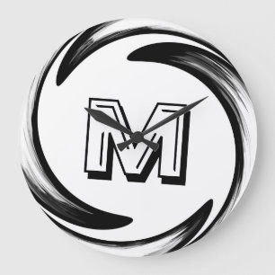 Relógio Grande Monograma preto abstrato #2 do redemoinho