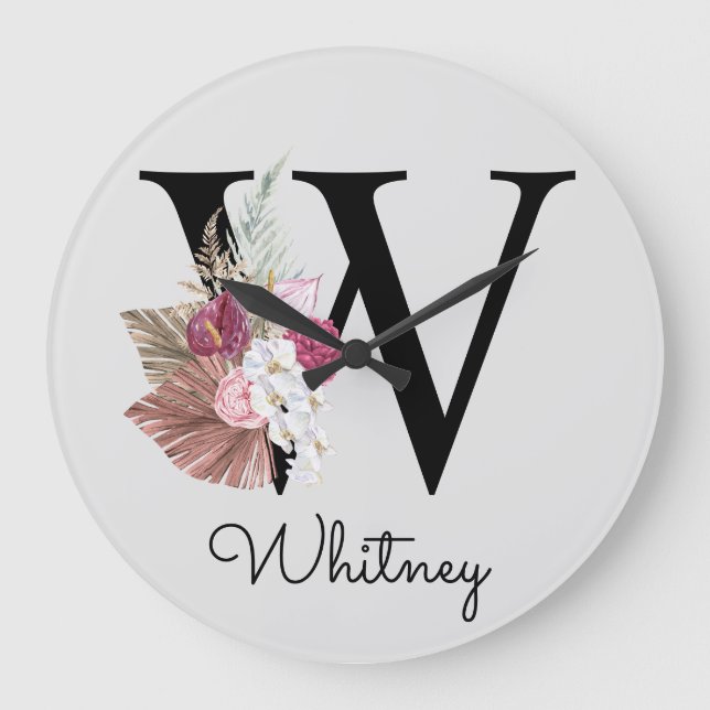 Relógio Grande Monograma Rosa Boho Girly Floral Inicial W (Frente)