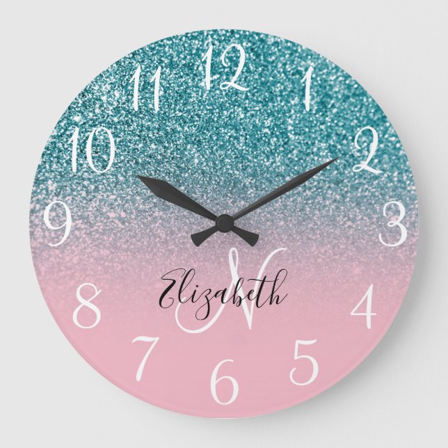 Relógio Grande Monograma Rosa e Glitter Ombre Turquesa (Frente)