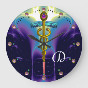 Relógio Grande Monograma roxo azul do símbolo médico DOURADO do