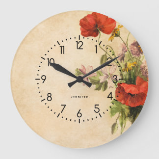 Relógio Grande Monograma Vintage Buquê Rustic Red Poppies Beige