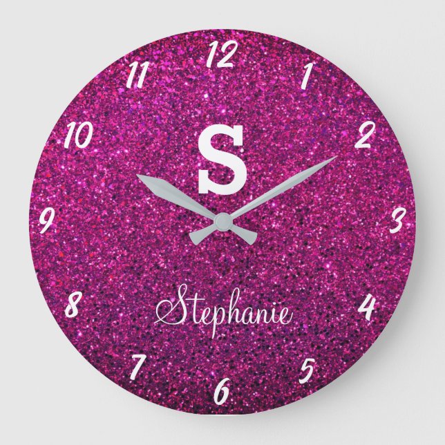 Relógio Grande Monogramas com Brilho Roxo Rosa Presente Favor Mod (Frente)