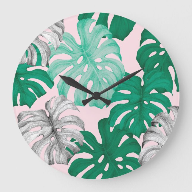 Relógio Grande Monstera Duo-Tone tropical mínima (Frente)