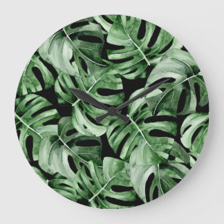 Relógio Grande Monstera Escura: Impressão Tropical Watercolor.