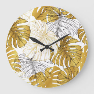 Relógio Grande Monstera Leaves: Ouro Branco