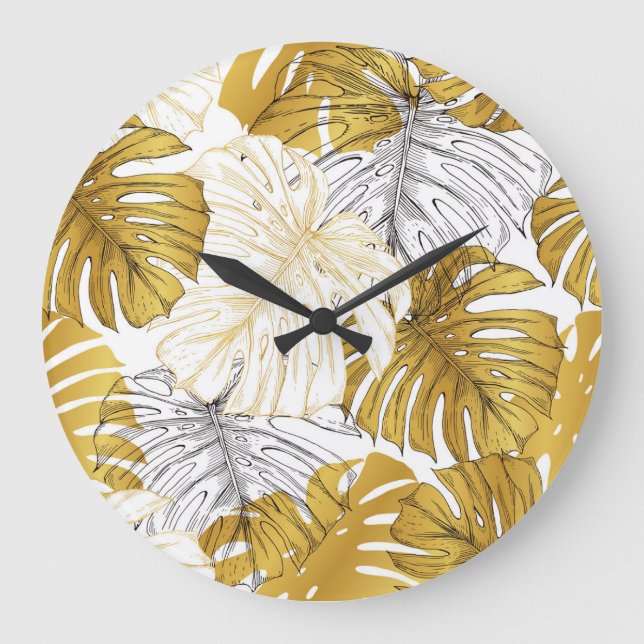 Relógio Grande Monstera Leaves: Ouro Branco (Frente)