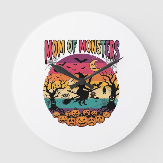 Relógio Grande Monstros Mãe Halloween Bruxa Abóboras Morcegos_1 (Frente)