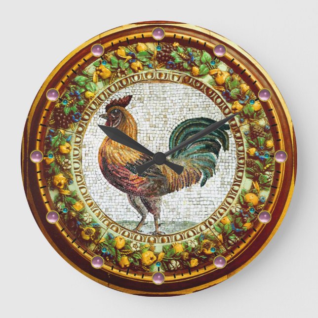 RELÓGIO GRANDE MOSAIC ROOSTER, ANTIGO CAMPO FLORAL COM FRUTAS (Frente)