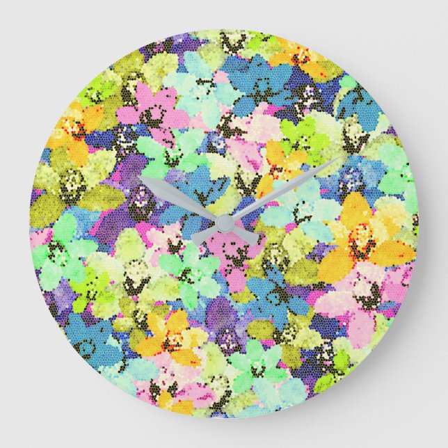 Relógio Grande Mosaico Orquídeo Multicolorido, (Frente)