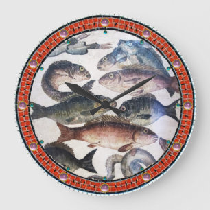 RELÓGIO GRANDE MOSAÍDOS ROMANOS ANTIGOS, PESCAS, CENA CÉLULA DE V