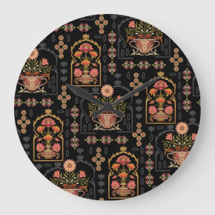 Relógio Grande Mughal Floral Motif: Black Seamless.