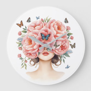 Relógio Grande Mulher Bonita com Rosas Pink Gigantes e Borboleta