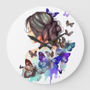 Relógio Grande MULHER DE Aquarela LINDA COM BORBOLETAS